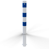 Barrier bollard | as e-charging station protection |  102 mm | hot-dip galvanized and white powder-coated with 3 blue reflective strips foil type RA1/A | for casting in concrete